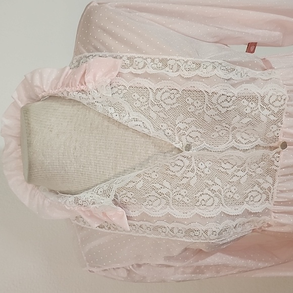 Gotham NY Robe Vintage Semi Sheer Lace Front Polkadot Long Sleeve Pink Size L - Picture 12 of 15